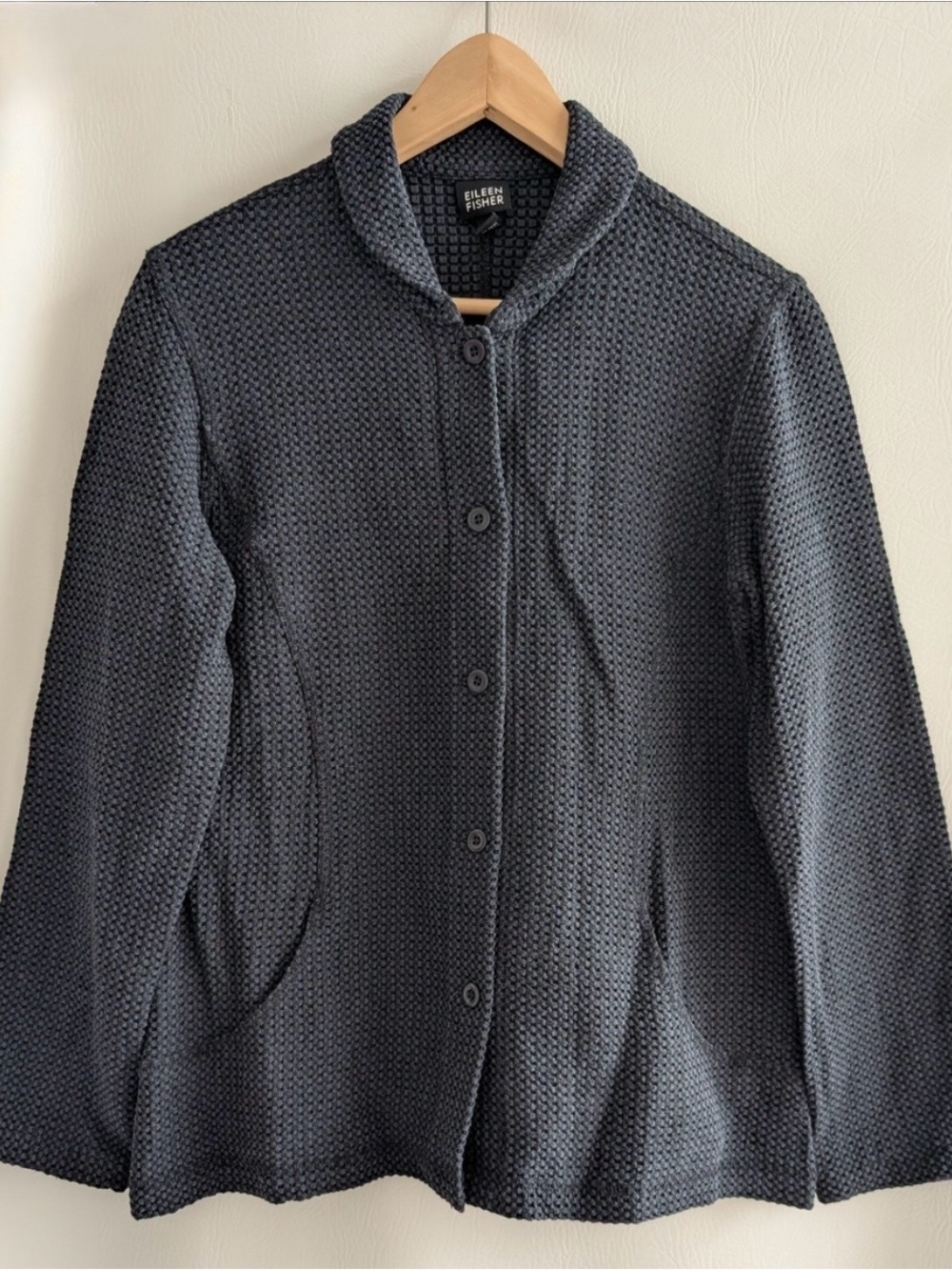 Eileen Fisher Blue Charcoal Textured Button Front Jacket Blazer M